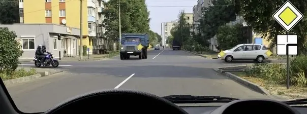 Дорожная ситуация: Кому Вы должны уступить дорогу при движении прямо?