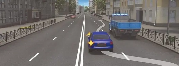 Дорожная ситуация: Водитель легкового автомобиля должен выключить указатели левого поворота: