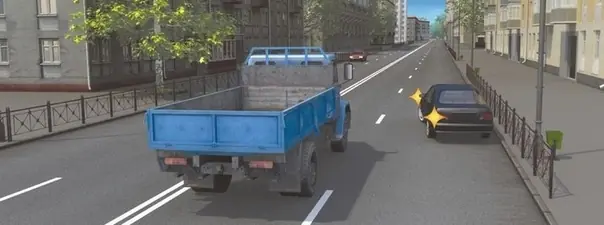 Дорожная ситуация: Можно ли водителю легкового автомобиля в данной ситуации начать движение от тротуара?